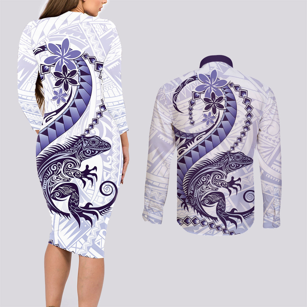 Purple Maori Tuatara Couples Matching Long Sleeve Bodycon Dress and Long Sleeve Button Shirt Luxury Pastel Pattern