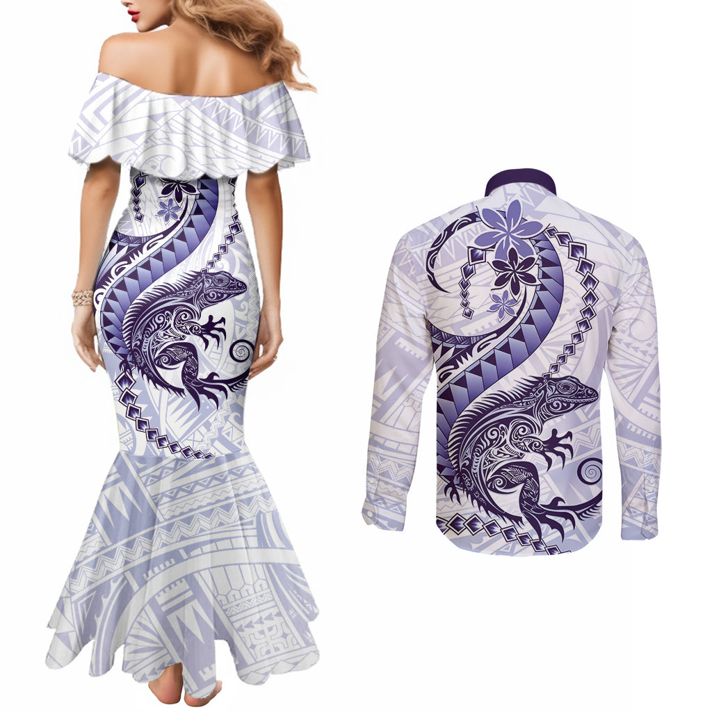 Purple Maori Tuatara Couples Matching Mermaid Dress and Long Sleeve Button Shirt Luxury Pastel Pattern