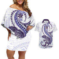 Purple Maori Tuatara Couples Matching Off Shoulder Short Dress and Hawaiian Shirt Luxury Pastel Pattern