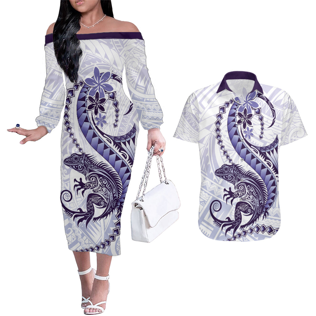 Purple Maori Tuatara Couples Matching Off The Shoulder Long Sleeve Dress and Hawaiian Shirt Luxury Pastel Pattern LT01 Purple - Polynesian Pride