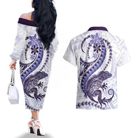 Purple Maori Tuatara Couples Matching Off The Shoulder Long Sleeve Dress and Hawaiian Shirt Luxury Pastel Pattern LT01 - Polynesian Pride