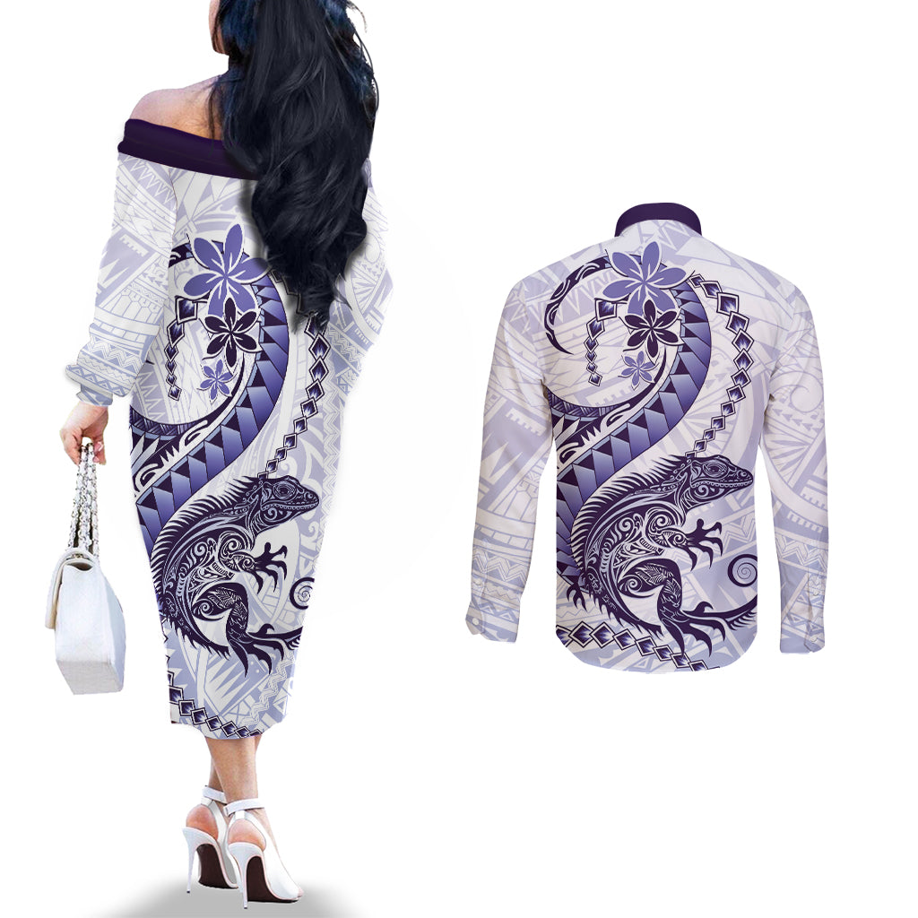 Purple Maori Tuatara Couples Matching Off The Shoulder Long Sleeve Dress and Long Sleeve Button Shirt Luxury Pastel Pattern