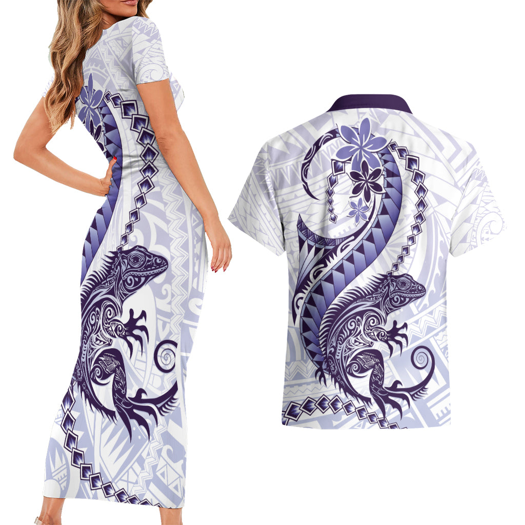 Purple Maori Tuatara Couples Matching Short Sleeve Bodycon Dress and Hawaiian Shirt Luxury Pastel Pattern LT01 - Polynesian Pride