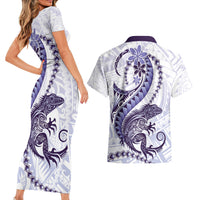 Purple Maori Tuatara Couples Matching Short Sleeve Bodycon Dress and Hawaiian Shirt Luxury Pastel Pattern LT01 - Polynesian Pride