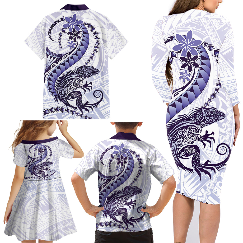 Purple Maori Tuatara Family Matching Long Sleeve Bodycon Dress and Hawaiian Shirt Luxury Pastel Pattern LT01 - Polynesian Pride