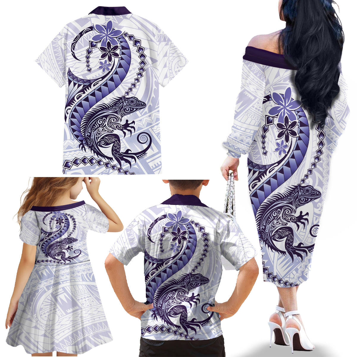 Purple Maori Tuatara Family Matching Off The Shoulder Long Sleeve Dress and Hawaiian Shirt Luxury Pastel Pattern LT01 - Polynesian Pride
