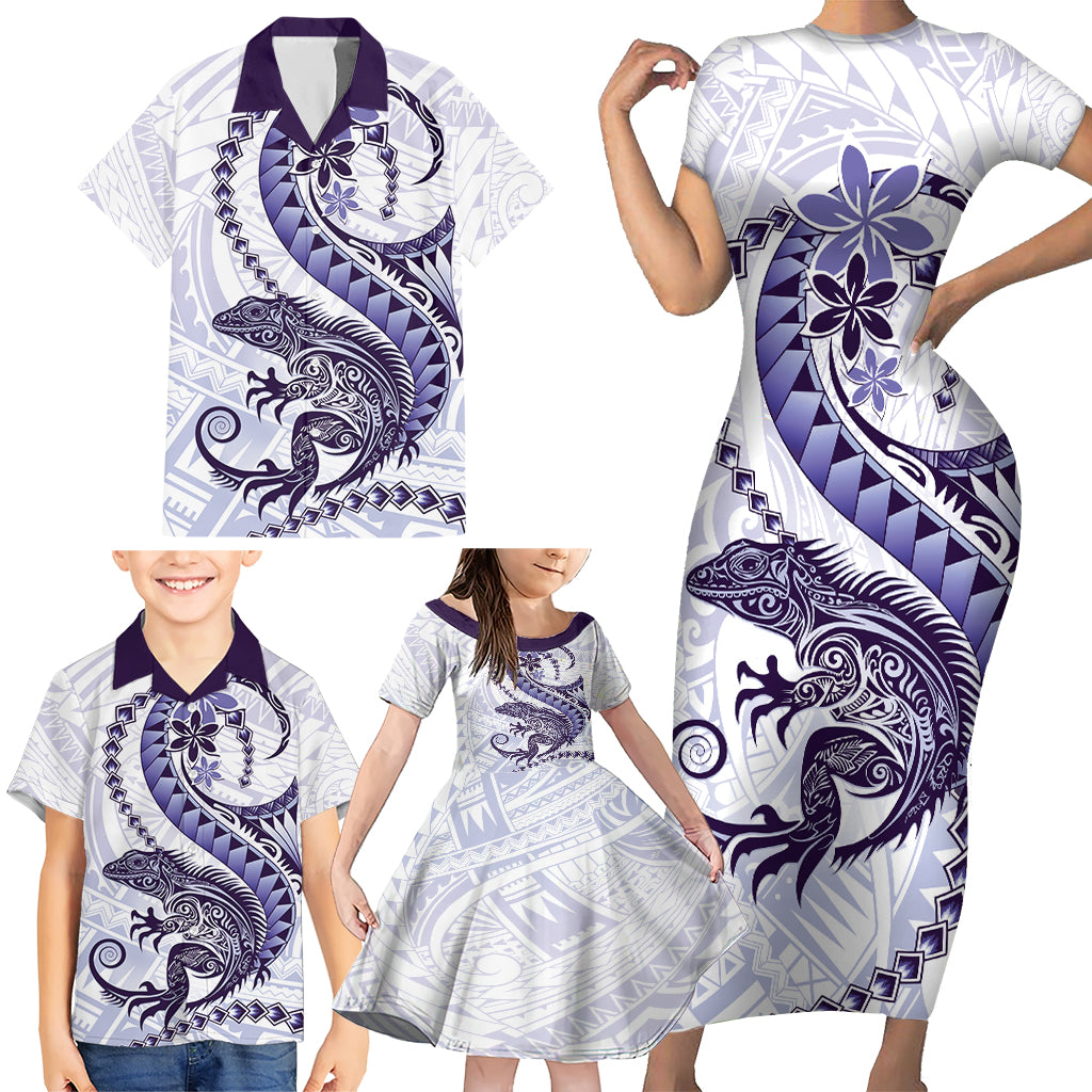 Purple Maori Tuatara Family Matching Short Sleeve Bodycon Dress and Hawaiian Shirt Luxury Pastel Pattern LT01 - Polynesian Pride