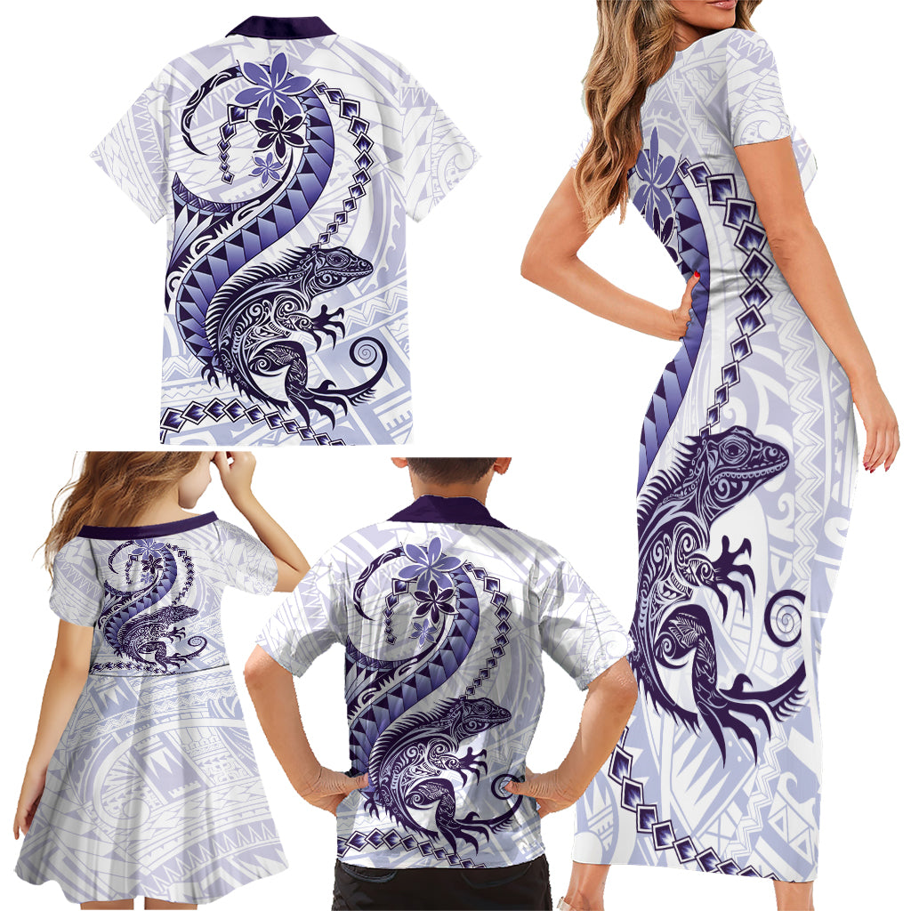 Purple Maori Tuatara Family Matching Short Sleeve Bodycon Dress and Hawaiian Shirt Luxury Pastel Pattern LT01 - Polynesian Pride