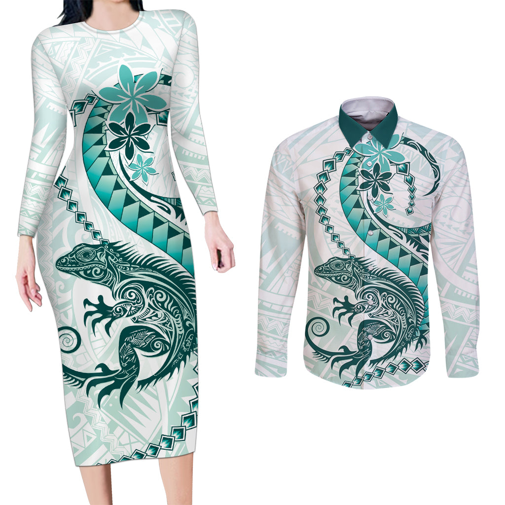 Teal Maori Tuatara Couples Matching Long Sleeve Bodycon Dress and Long Sleeve Button Shirt Luxury Pastel Pattern LT01 Teal - Polynesian Pride