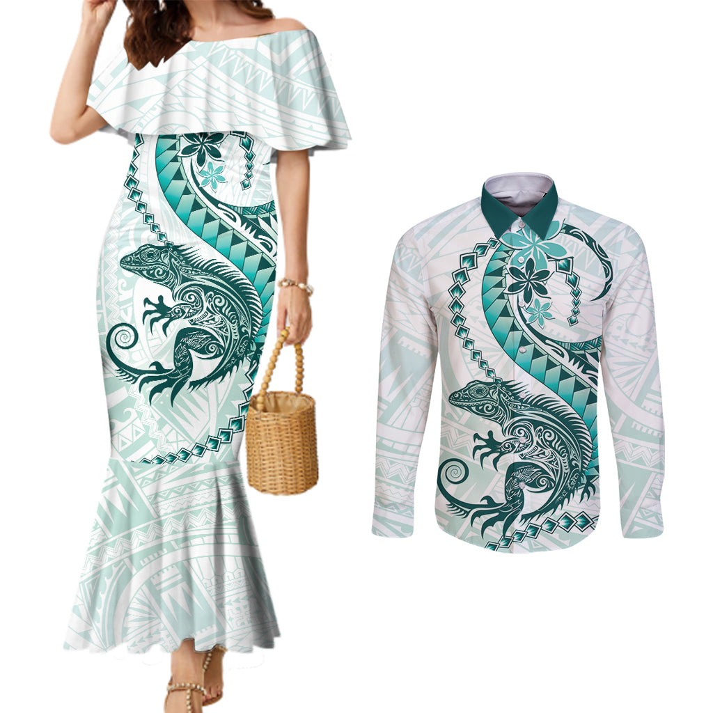 Teal Maori Tuatara Couples Matching Mermaid Dress and Long Sleeve Button Shirt Luxury Pastel Pattern LT01 Teal - Polynesian Pride