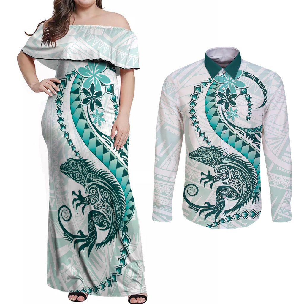 Teal Maori Tuatara Couples Matching Off Shoulder Maxi Dress and Long Sleeve Button Shirt Luxury Pastel Pattern LT01 Teal - Polynesian Pride