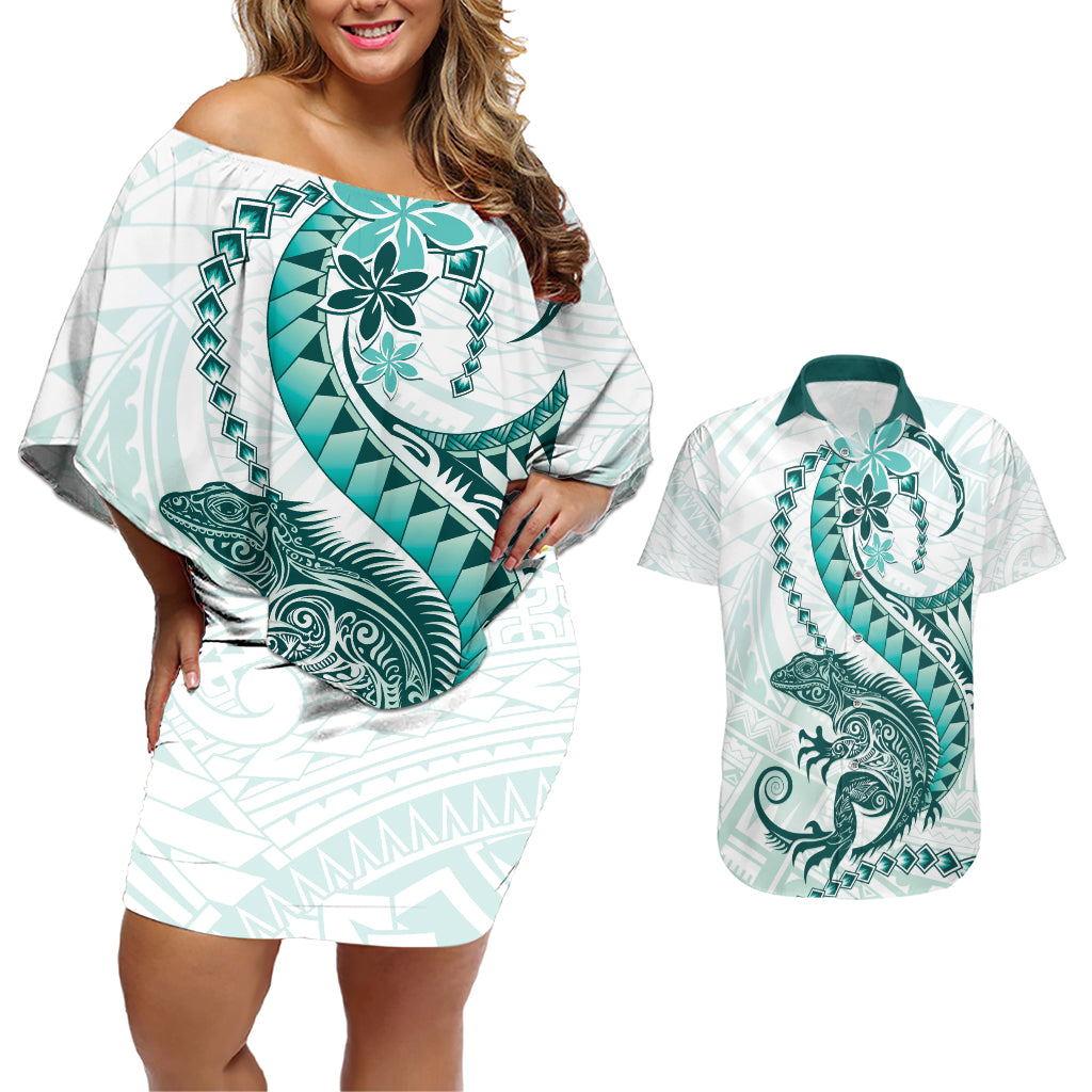 Teal Maori Tuatara Couples Matching Off Shoulder Short Dress and Hawaiian Shirt Luxury Pastel Pattern LT01 Teal - Polynesian Pride