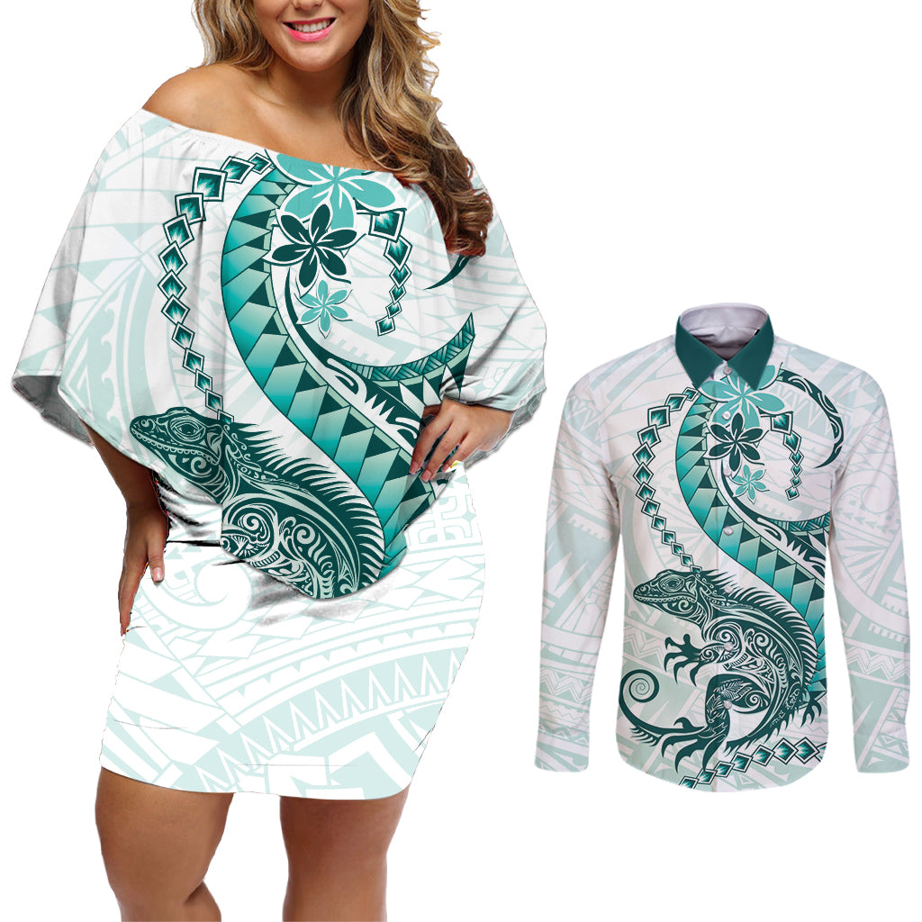 Teal Maori Tuatara Couples Matching Off Shoulder Short Dress and Long Sleeve Button Shirt Luxury Pastel Pattern LT01 Teal - Polynesian Pride