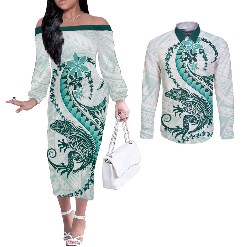 Teal Maori Tuatara Couples Matching Off The Shoulder Long Sleeve Dress and Long Sleeve Button Shirt Luxury Pastel Pattern LT01 Teal - Polynesian Pride