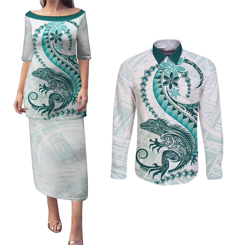 Teal Maori Tuatara Couples Matching Puletasi and Long Sleeve Button Shirt Luxury Pastel Pattern LT01 Teal - Polynesian Pride