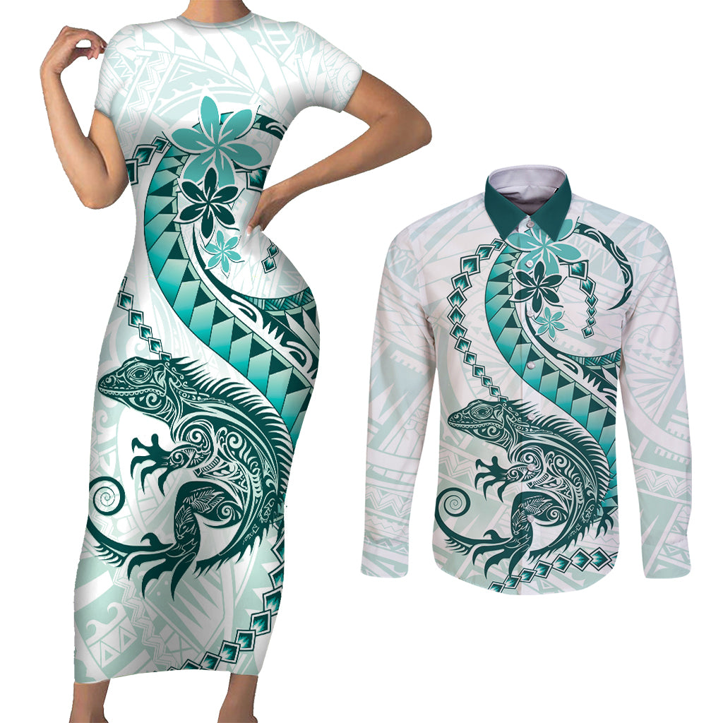 Teal Maori Tuatara Couples Matching Short Sleeve Bodycon Dress and Long Sleeve Button Shirt Luxury Pastel Pattern LT01 Teal - Polynesian Pride