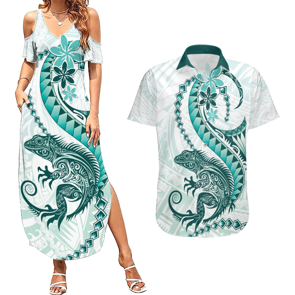 Teal Maori Tuatara Couples Matching Summer Maxi Dress and Hawaiian Shirt Luxury Pastel Pattern LT01 Teal - Polynesian Pride