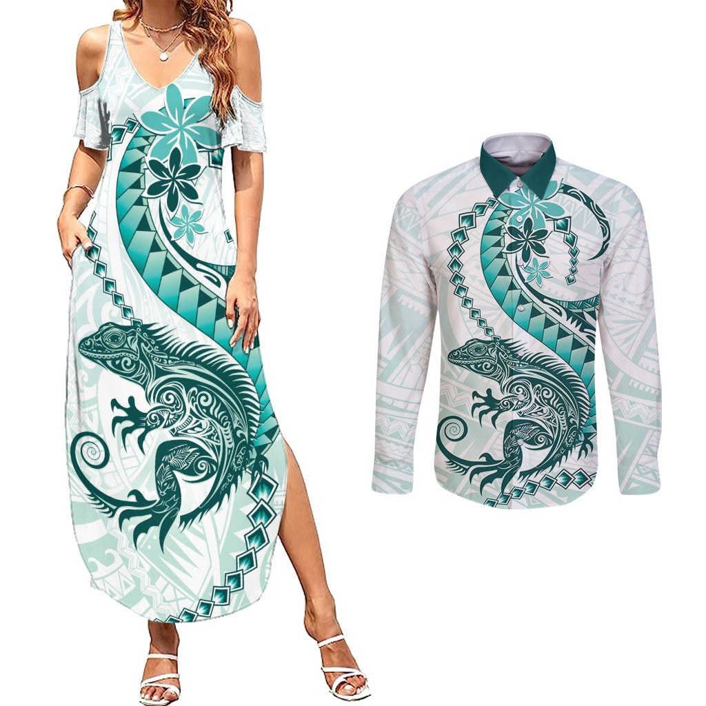 Teal Maori Tuatara Couples Matching Summer Maxi Dress and Long Sleeve Button Shirt Luxury Pastel Pattern LT01 Teal - Polynesian Pride