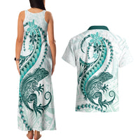 Teal Maori Tuatara Couples Matching Tank Maxi Dress and Hawaiian Shirt Luxury Pastel Pattern LT01 - Polynesian Pride
