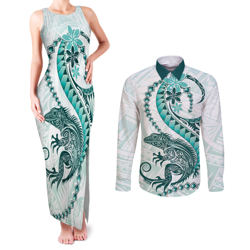 Teal Maori Tuatara Couples Matching Tank Maxi Dress and Long Sleeve Button Shirt Luxury Pastel Pattern LT01 Teal - Polynesian Pride