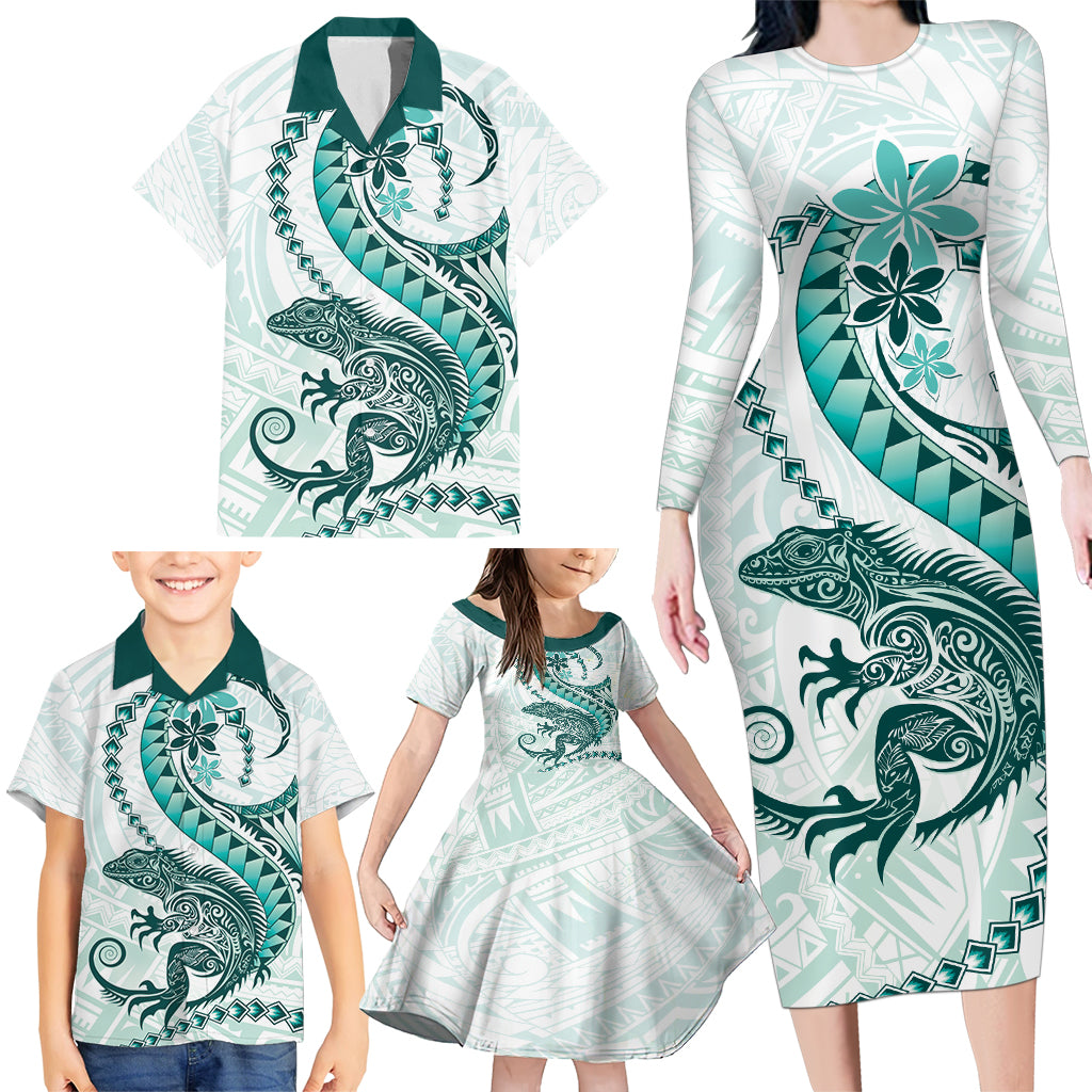 Teal Maori Tuatara Family Matching Long Sleeve Bodycon Dress and Hawaiian Shirt Luxury Pastel Pattern LT01 - Polynesian Pride