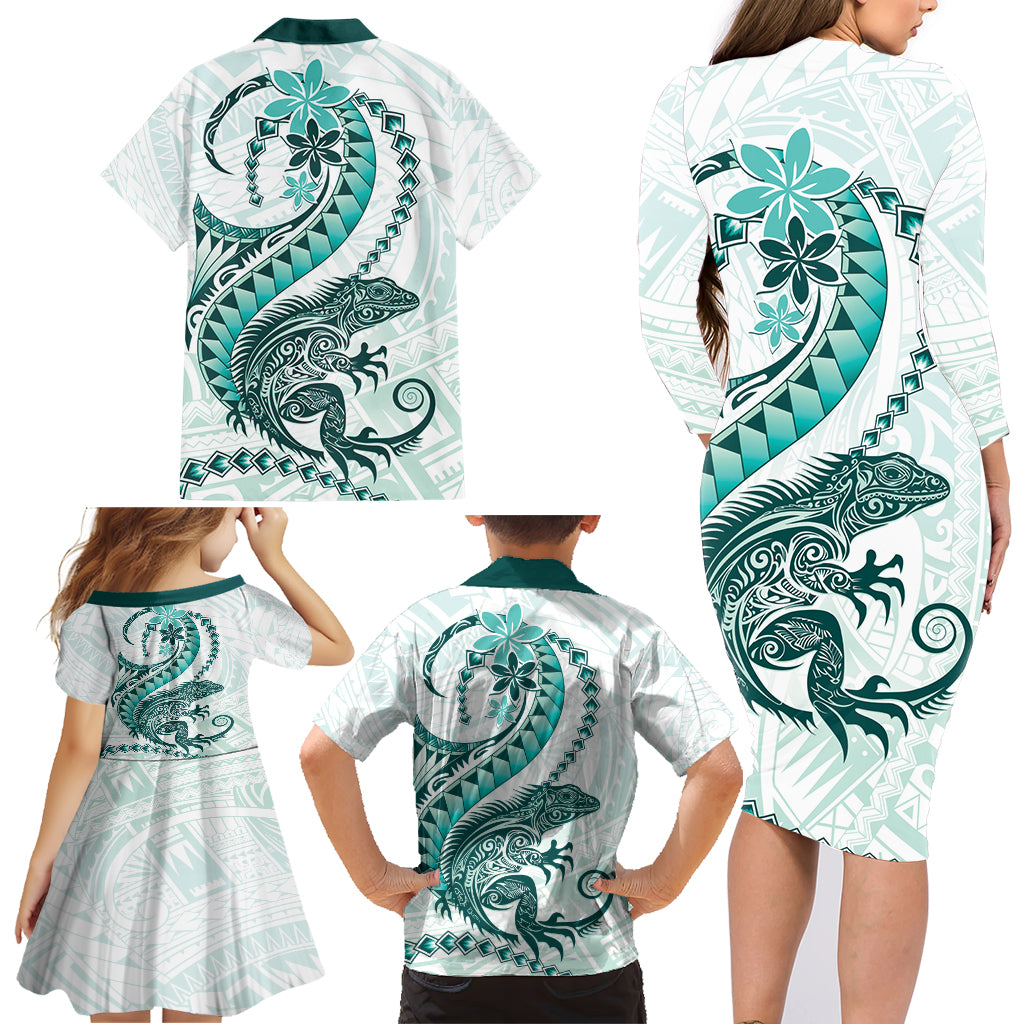 Teal Maori Tuatara Family Matching Long Sleeve Bodycon Dress and Hawaiian Shirt Luxury Pastel Pattern LT01 - Polynesian Pride