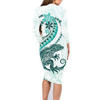 Teal Maori Tuatara Family Matching Long Sleeve Bodycon Dress and Hawaiian Shirt Luxury Pastel Pattern LT01 - Polynesian Pride