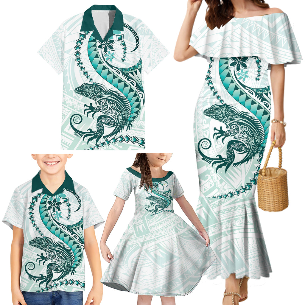 Teal Maori Tuatara Family Matching Mermaid Dress and Hawaiian Shirt Luxury Pastel Pattern LT01 - Polynesian Pride
