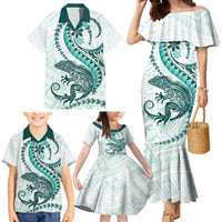 Teal Maori Tuatara Family Matching Mermaid Dress and Hawaiian Shirt Luxury Pastel Pattern LT01 - Polynesian Pride