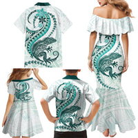 Teal Maori Tuatara Family Matching Mermaid Dress and Hawaiian Shirt Luxury Pastel Pattern LT01 - Polynesian Pride