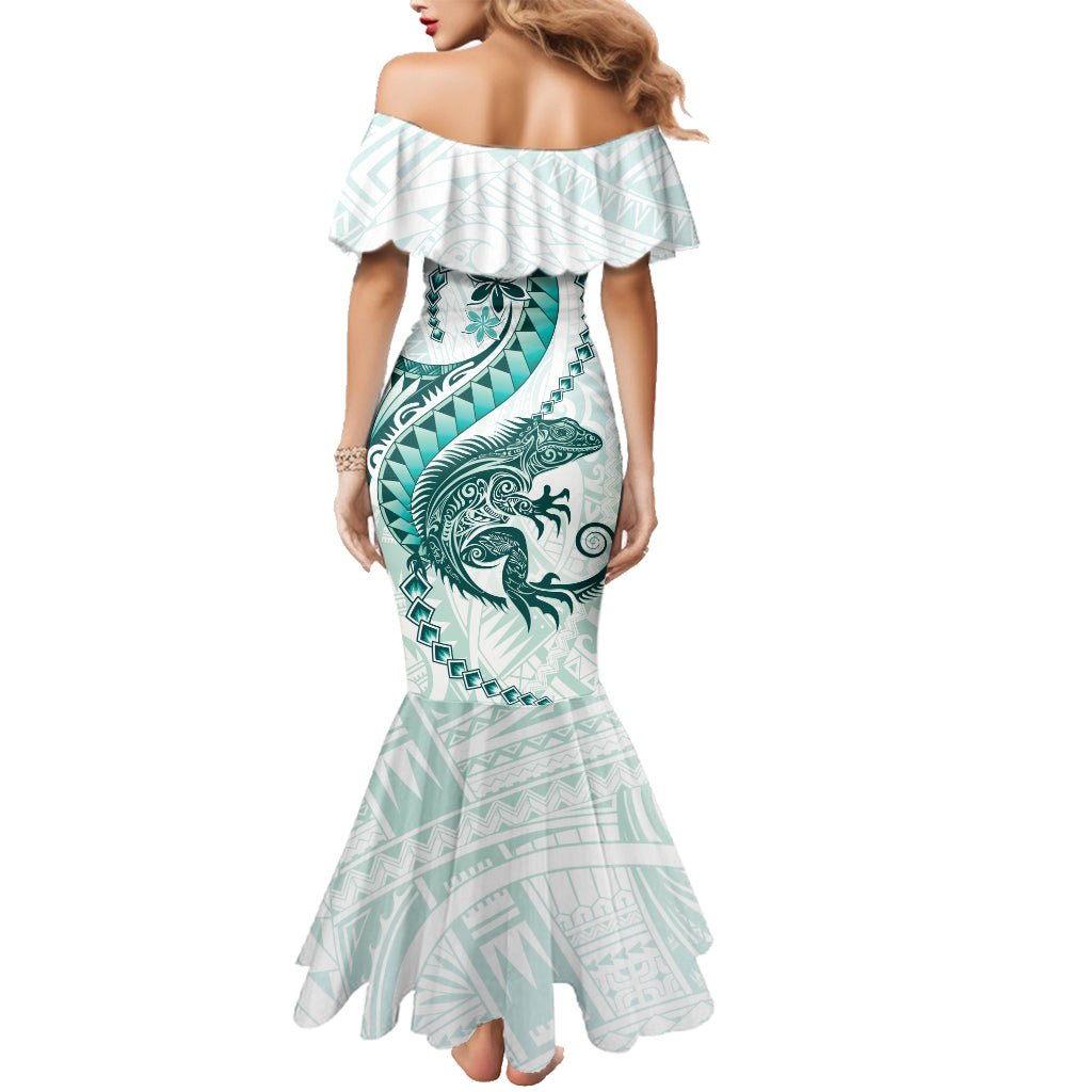 Teal Maori Tuatara Family Matching Mermaid Dress and Hawaiian Shirt Luxury Pastel Pattern LT01 - Polynesian Pride