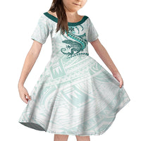 Teal Maori Tuatara Family Matching Off The Shoulder Long Sleeve Dress and Hawaiian Shirt Luxury Pastel Pattern LT01 Daughter's Dress Teal - Polynesian Pride