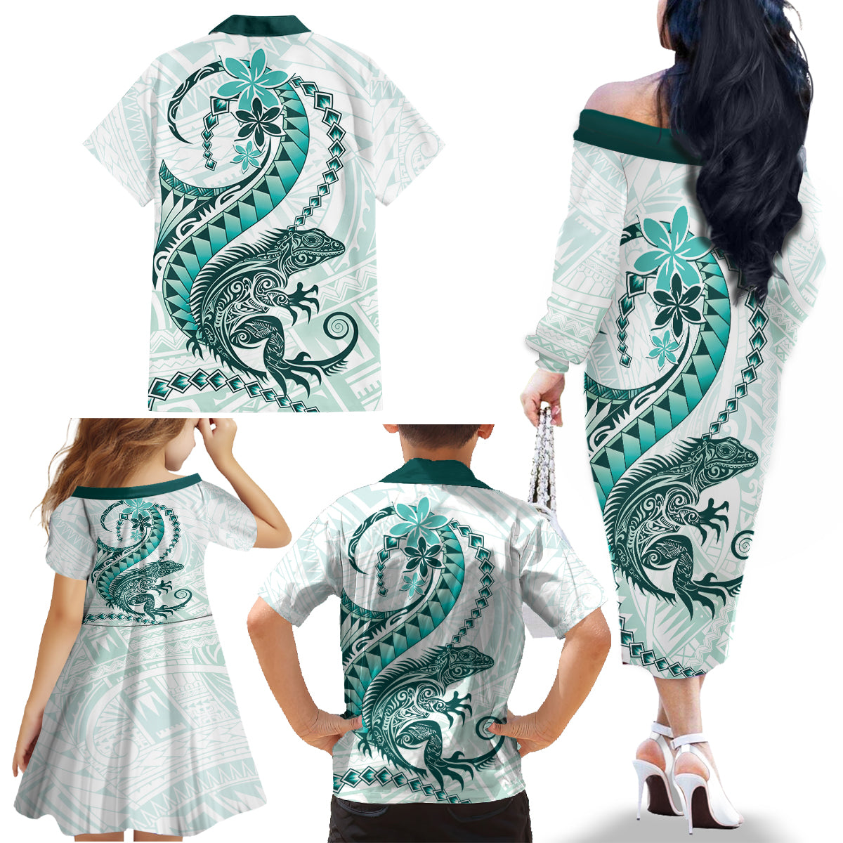 Teal Maori Tuatara Family Matching Off The Shoulder Long Sleeve Dress and Hawaiian Shirt Luxury Pastel Pattern LT01 - Polynesian Pride
