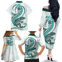 Teal Maori Tuatara Family Matching Off The Shoulder Long Sleeve Dress and Hawaiian Shirt Luxury Pastel Pattern LT01 - Polynesian Pride