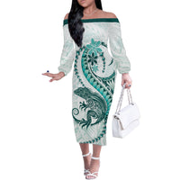 Teal Maori Tuatara Family Matching Off The Shoulder Long Sleeve Dress and Hawaiian Shirt Luxury Pastel Pattern LT01 Mom's Dress Teal - Polynesian Pride