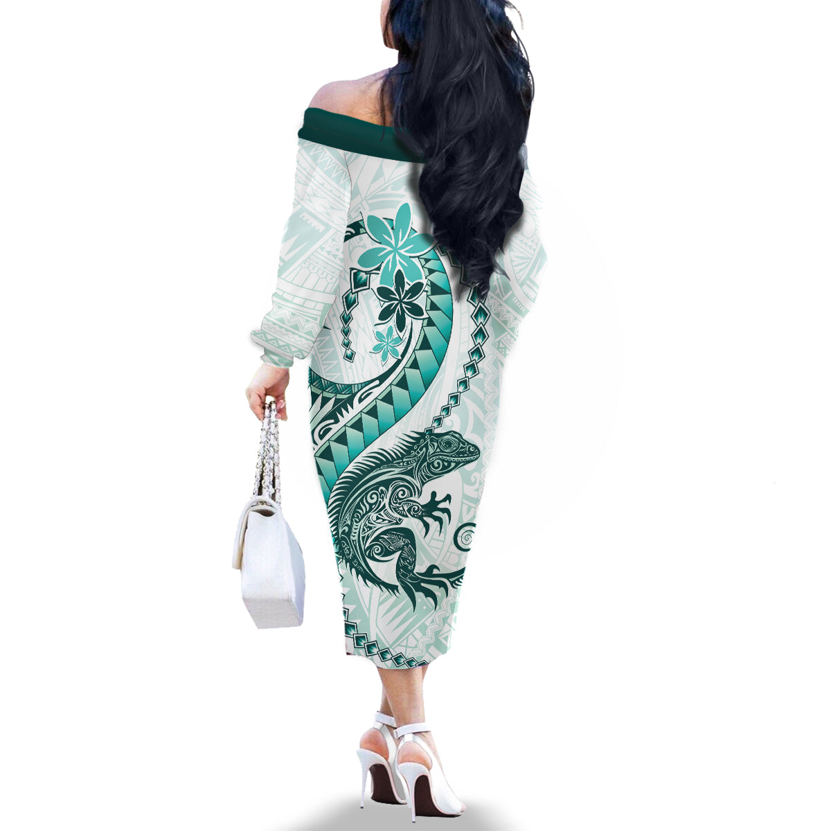 Teal Maori Tuatara Family Matching Off The Shoulder Long Sleeve Dress and Hawaiian Shirt Luxury Pastel Pattern LT01 - Polynesian Pride