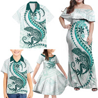 Teal Maori Tuatara Family Matching Off Shoulder Maxi Dress and Hawaiian Shirt Luxury Pastel Pattern LT01 - Polynesian Pride
