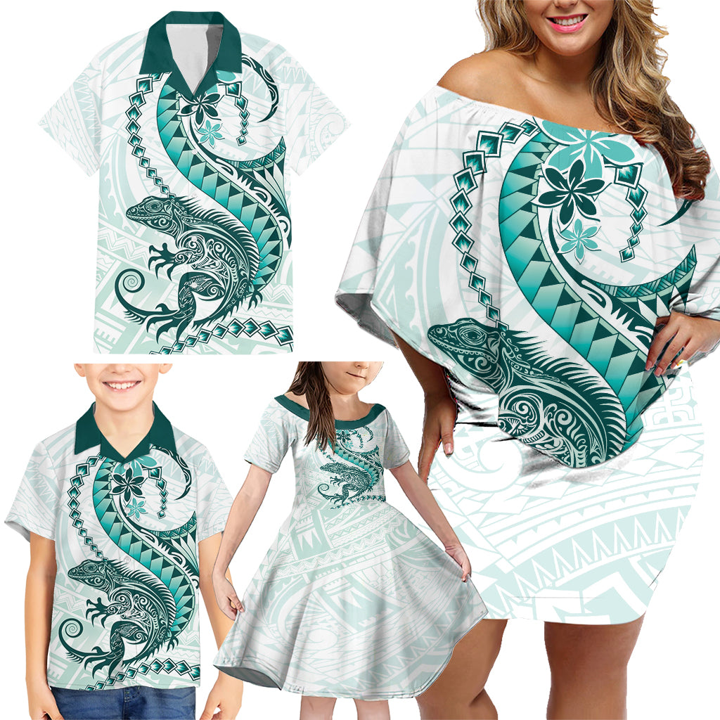 Teal Maori Tuatara Family Matching Off Shoulder Short Dress and Hawaiian Shirt Luxury Pastel Pattern LT01 - Polynesian Pride