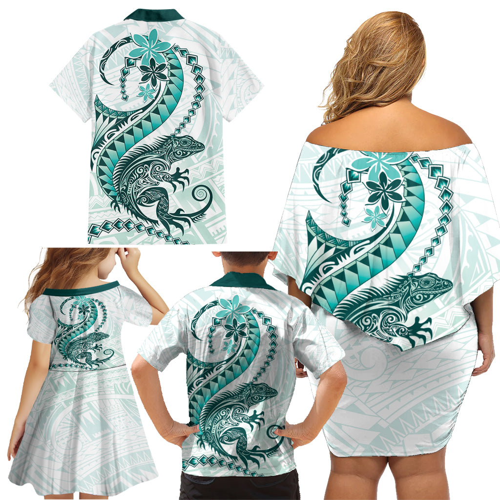 Teal Maori Tuatara Family Matching Off Shoulder Short Dress and Hawaiian Shirt Luxury Pastel Pattern LT01 - Polynesian Pride