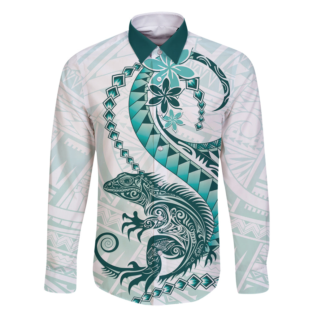 Teal Maori Tuatara Family Matching Off Shoulder Short Dress and Hawaiian Shirt Luxury Pastel Pattern LT01 Dad's Shirt - Long Sleeve Teal - Polynesian Pride