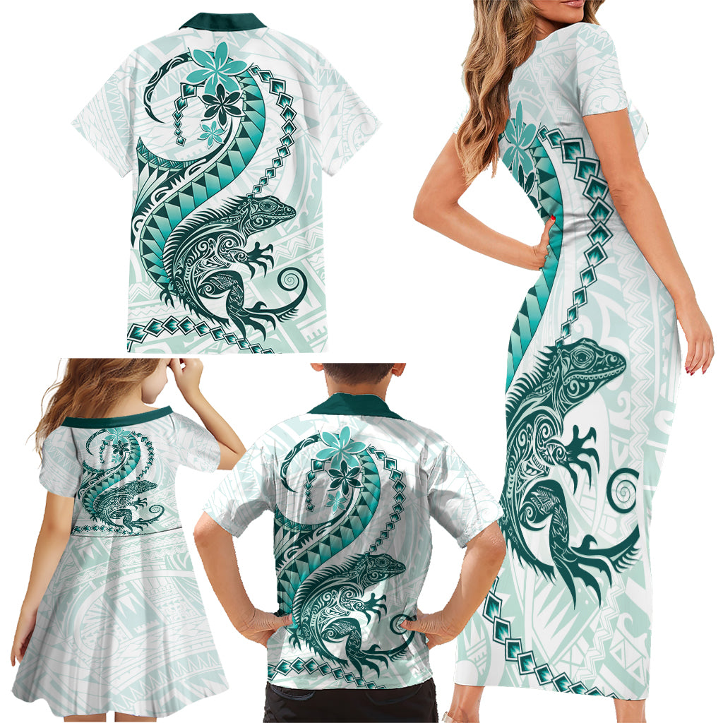 Teal Maori Tuatara Family Matching Short Sleeve Bodycon Dress and Hawaiian Shirt Luxury Pastel Pattern LT01 - Polynesian Pride