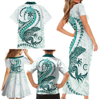 Teal Maori Tuatara Family Matching Short Sleeve Bodycon Dress and Hawaiian Shirt Luxury Pastel Pattern LT01 - Polynesian Pride
