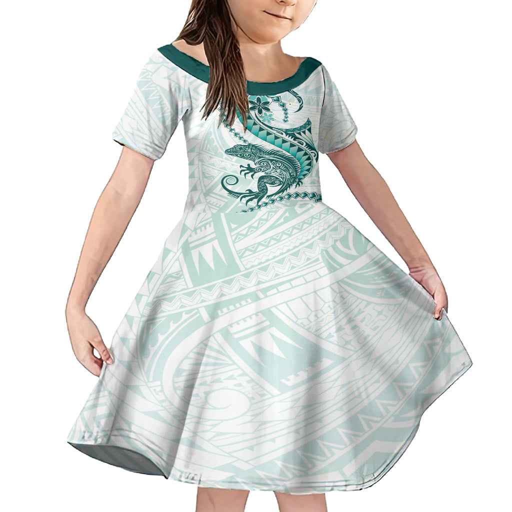 Teal Maori Tuatara Family Matching Summer Maxi Dress and Hawaiian Shirt Luxury Pastel Pattern LT01 Daughter's Dress Teal - Polynesian Pride