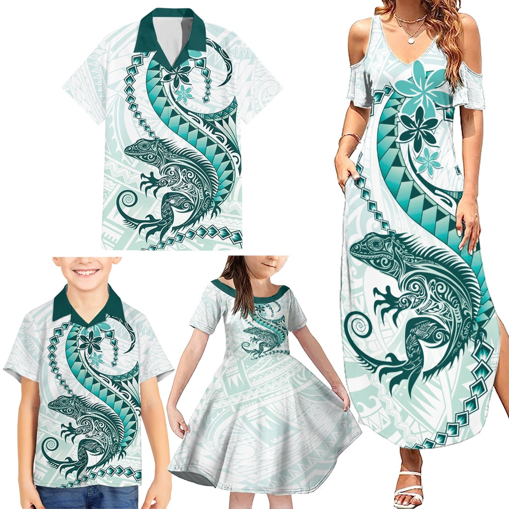 Teal Maori Tuatara Family Matching Summer Maxi Dress and Hawaiian Shirt Luxury Pastel Pattern LT01 - Polynesian Pride