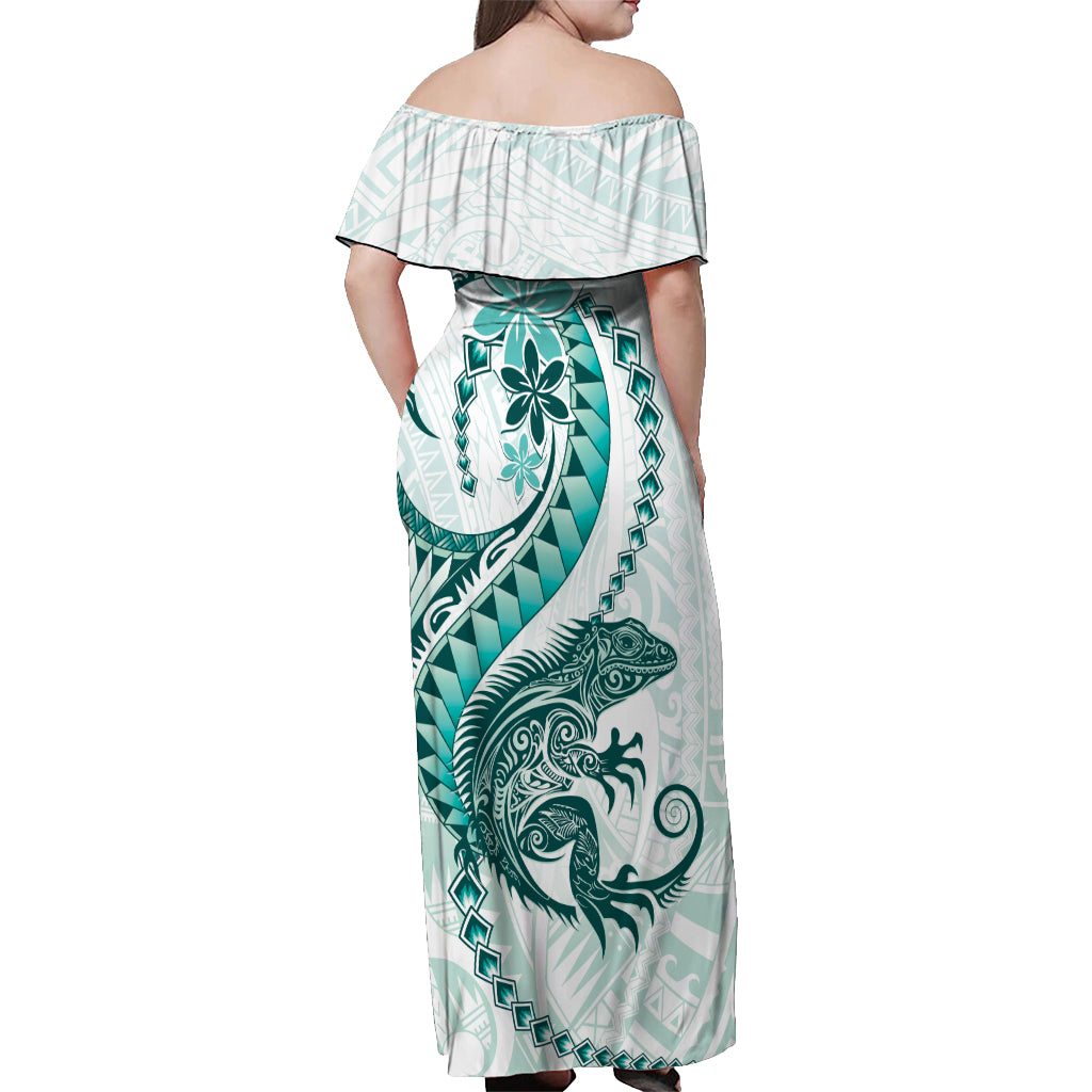 Teal Maori Tuatara Off Shoulder Maxi Dress Luxury Pastel Pattern