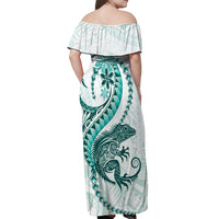 Teal Maori Tuatara Off Shoulder Maxi Dress Luxury Pastel Pattern