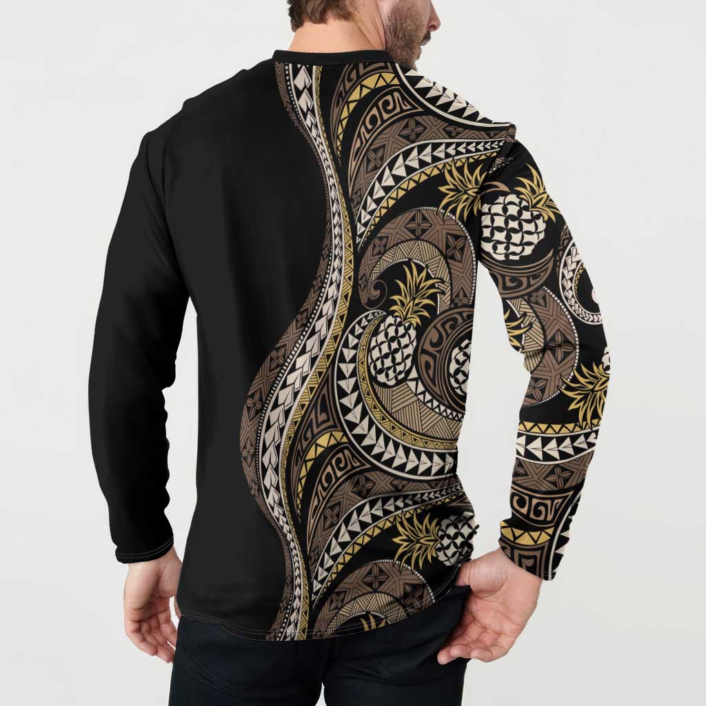 Hawaii Pineapple Brown Tribal Pattern Button Sweatshirt - Polynesian Pride