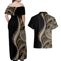 Hawaii Pineapple Brown Tribal Pattern Couples Matching Off Shoulder Maxi Dress and Hawaiian Shirt - Polynesian Pride