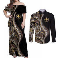 Hawaii Pineapple Brown Tribal Pattern Couples Matching Off Shoulder Maxi Dress and Long Sleeve Button Shirt - Polynesian Pride