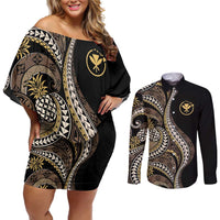 Hawaii Pineapple Brown Tribal Pattern Couples Matching Off Shoulder Short Dress and Long Sleeve Button Shirt - Polynesian Pride